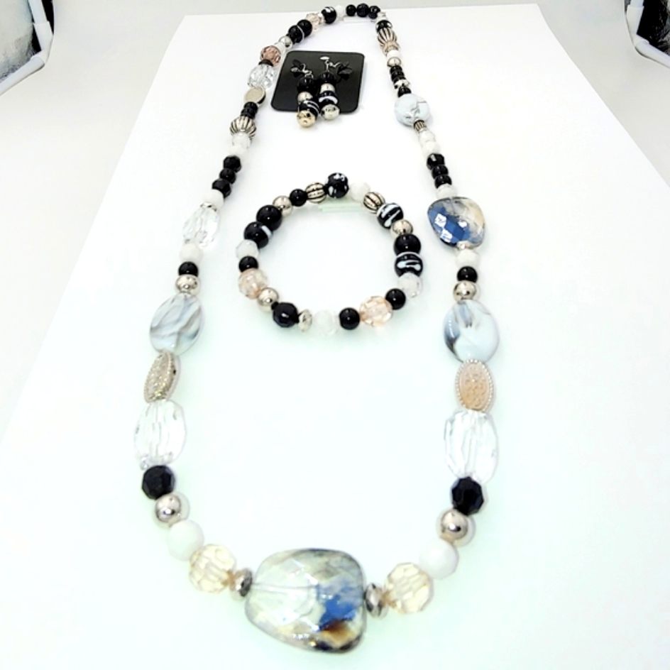 247neb012 Handmade 3 Pc. Black And Silver Marble Necklace Set
